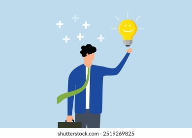 Positive thinking, Smiling businessman holds a lightbulb idea with surrounding positive vibes.