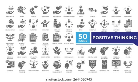 Positive thinking solid icon set collection. This set includes mental health, meditation, inner peace, yoga, healthy lifestyle and more icons in solid style. Vector icons collection for infographics