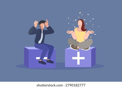 Positive thinking and stress management concept with characters contrast. Optimism woman meditating on plus sign cube and pessimism man holding head in anxiety on minus box for mental health website, psychology blog banner, or life coaching poster.