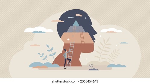 Positive thinking and success attitude or target mindset tiny person concept. Optimistic behavior or determination to reach psychological self acceptance or overcome mental problem vector illustration