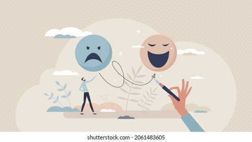 Positive thinking as switch from sad feeling to happy tiny person concept. Optimism and mindset power to change emotions from mad to joyful vector illustration. Behavior decision with mental power.