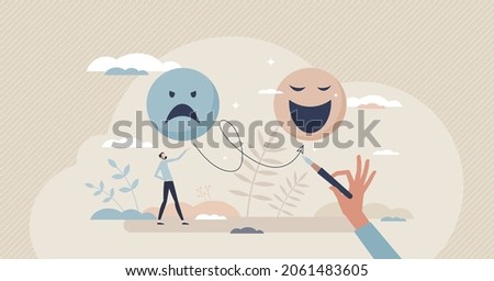 Positive thinking as switch from sad feeling to happy tiny person concept. Optimism and mindset power to change emotions from mad to joyful vector illustration. Behavior decision with mental power.
