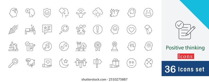 Positive thinking thin line icons design. containing positive mindset, healthy lifestyle, good dream, good dream, positive note, positive thinking and more icon collection