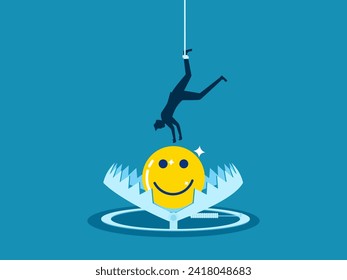 positive thinking trap. Businessman tries to pick up happiness icon in trap Vector 