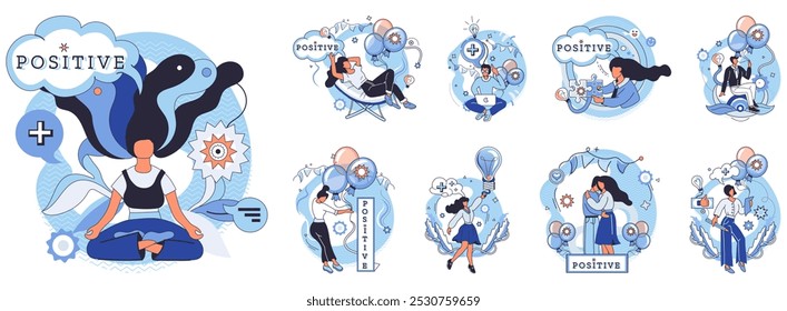 Positive thinking. Various scenes include a person meditating, setting goals, and achieving success. Ideal for personal growth, motivation, mental health, self-improvement, and mindfulness