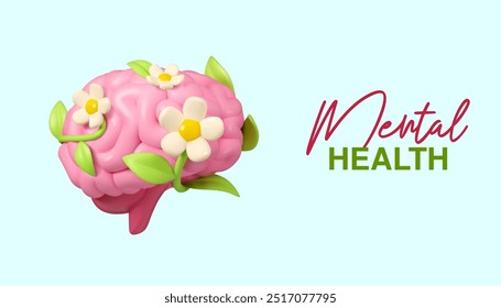 Positive thinking vector 3d banner. World mental health day concept. Cartoon simple brain with flower illustration on blue background,web banner template