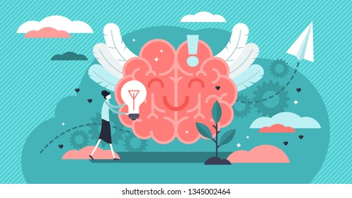 Positive thinking vector illustration. Flat tiny optimistic persons concept. Happy thought power to health improvement. Symbolic creative strategy for success, enjoy feeling and dream control strategy