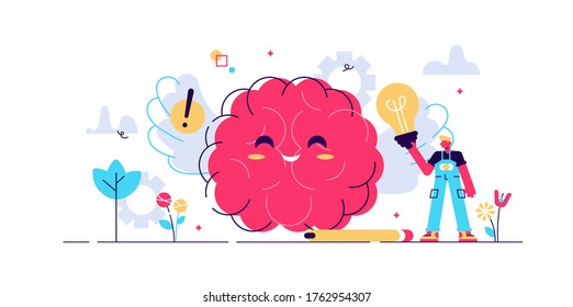 Positive thinking vector illustration. Flat tiny optimistic person concept. Happy thought power to health improvement. Symbolic creative strategy for success, enjoy feeling and dream control strategy