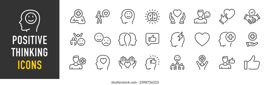 Positive thinking web icons in line style. Lifestyle, charity, optimism, happiness, psychology, love, collection. Vector illustration.	