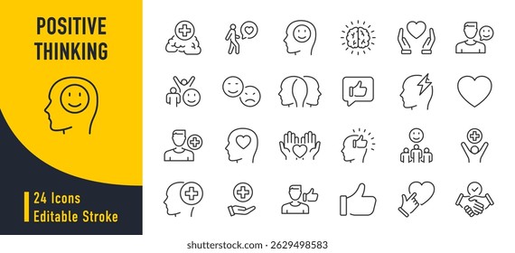 Positive thinking web icons in line style. Lifestyle, charity, optimism, happiness, psychology, love, collection. Vector illustration.	