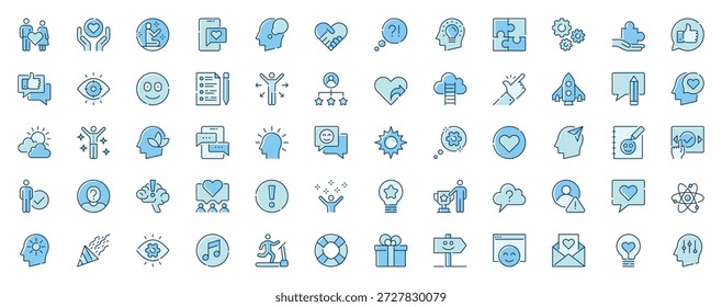 Positiv denkende Web-Icons im Liniendesign gesetzt. Duotone Piktogramm Paket von Liebe Beziehung, Unterstützung, Meditation, psychische Gesundheit, Brainstorming, Vision, mehr Umriss Schlaganfall Zeichen. Vektorgrafik.