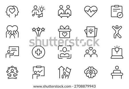 Positive thinking web icons set in thin line design. Pack of family value, reflection, emotional control, confidence, gratitude, relationship, other outline stroke pictograms. Illustration.