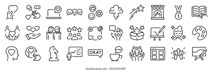 Positive thinking web line icons collection. Containing self-care, optimism, be loved, healthy lifestyle, happiness, positive mindset and more icons