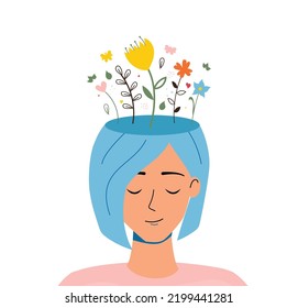 Positive thinking, wellbeing and mental health, psychology vector illustration. Woman with flowers in her head.  