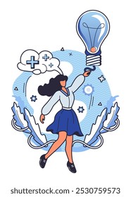 Positive thinking. Woman in a blue skirt reaching for a large lightbulb amidst clouds, feathers and positive symbols. Ideal for motivational themes, creativity, innovation, personal growth. New idea