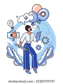 Positive thinking. Woman in business attire holding a notebook and pencil surrounded by balloons, gears, light bulbs, and thumbs-up icons in blue tones. Ideal for mindset, creativity, productivity