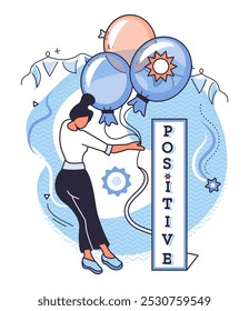 Positive thinking. A woman holds balloons, with a prominent Positive banner in the background. Bunting and decorative stars add festive elements. Ideal for motivation, celebration, positivity, mental