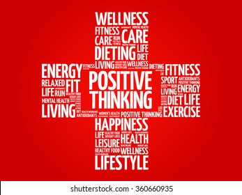 Positive thinking word cloud, health cross concept