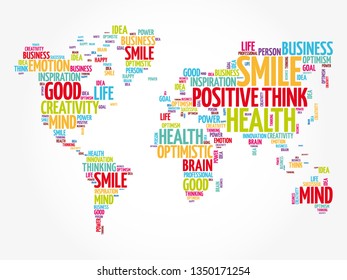 Positive Thinking Word Cloud In Shape Of World Map, Creative Concept Background