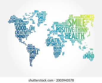 Positive thinking word cloud in shape of world map, creative concept background