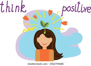 Positive thoughs growing concept, poster with girl thinking positive thoughts. Vector illustration.