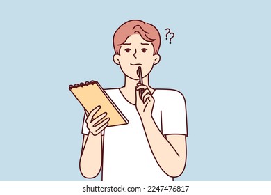 Positive thoughtful man with notebook in hand puts pen to face while thinking about difficult task. Boy high school student preparing for exams or important olympics. Flat vector illustration