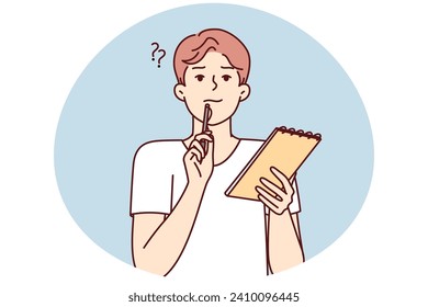 Positive thoughtful man with notebook in hand puts pen to face while thinking about difficult task. Boy high school student preparing for exams or important olympics. Flat vector illustration