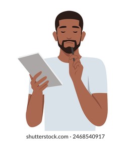 Positive thoughtful man with notebook in hand puts pen to face while thinking about difficult task.  Flat vector illustration isolated on white background