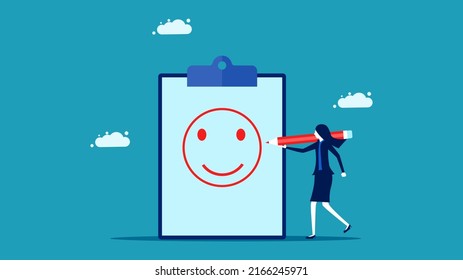 Positive thoughts. A business woman draws a smiling face. business concept vector illustration