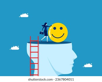 Positive thoughts. Businesswoman with happiness icon standing on big head