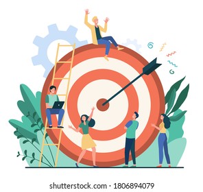 Positive tiny people sitting and walking near huge target with arrow isolated flat vector illustration. Cartoon business team achieving goal or aim. Marketing strategy and achievement concept