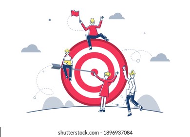 Positive tiny people sitting and walking near huge target with arrow isolated flat vector illustration. cartoon business team achieving goal or aim. marketing strategy and achievement concept 