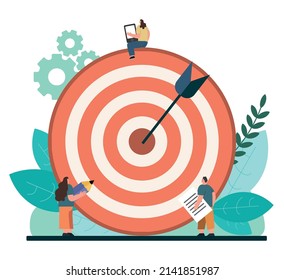 Positive tiny people sitting and walking near huge target with arrow isolated flat vector illustration. Cartoon business team achieving goal or aim. Marketing strategy and achievement concept.