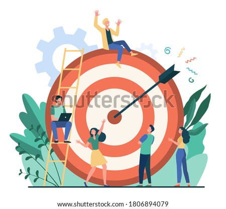 Positive tiny people sitting and walking near huge target with arrow isolated flat vector illustration. Cartoon business team achieving goal or aim. Marketing strategy and achievement concept