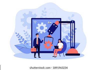 Positive tiny people working with artificial intelligence isolated flat vector illustration. Cartoon characters using computer for work. Digital era and workforce employment social crisis concept