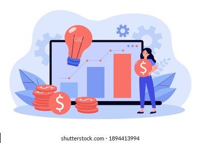 Positive tiny woman investing in startups online via laptop isolated flat vector illustration. Cartoon character trading on global market. Finance service and digital technology concept