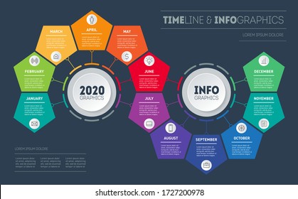 Positive transformation plan for the year. Business Infographic concept with Twelve months, parts, steps or technology processes. Template for presentation or calendar. Timeline with 12 icons. Vector.