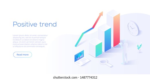 Positive trend isometric vector illustration. Business analysis for company marketing solutions or financial performance. Budget accounting or statistics concept for increasing income.