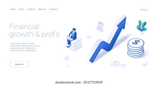 Positive trend isometric vector illustration. Business analysis for company marketing solutions or financial performance. Budget accounting or statistics concept for increasing income.