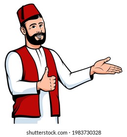 Positive Turkish man in fez welcome gesture. Turk smiling with thumb up. Vector isolated illustration.