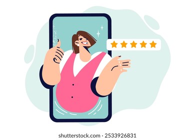 Positive user experience from using mobile app on phone, with woman showing thumbs up. Five stars are metaphor for good user experience resulting from professionalism of developers.