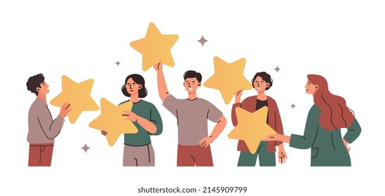 Positive user satisfaction rating concept. Young men and women hold stars and smile. Customers give feedback. Characters leave reviews or comments. Evaluating service. Cartoon flat vector illustration