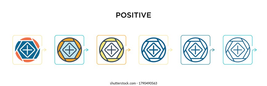 Positive vector icon in 6 different modern styles. Black, two colored positive icons designed in filled, outline, line and stroke style. Vector illustration can be used for web, mobile, ui