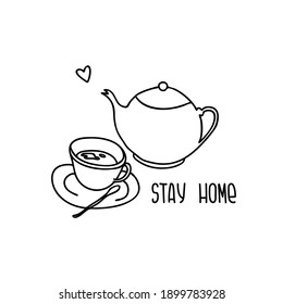 Positive vector illustration for stickers, logo. Stay Home, work in home. Home quarantine, pandemic protection, coronavirus, Covid-19. Hand drawn vector illustration on a white background.