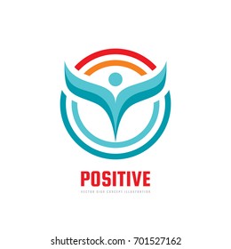 Positive - vector logo template concept illustration. Human character abstract sign and circles. People icon. Man figure symbol. Leaves emblem. Design element.