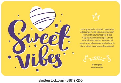 Positive vector template with handwritten lettering, big heart, text, frame on yellow background. Calligraphic inscription. Hand drawn design for greeting card, invitation, gift print