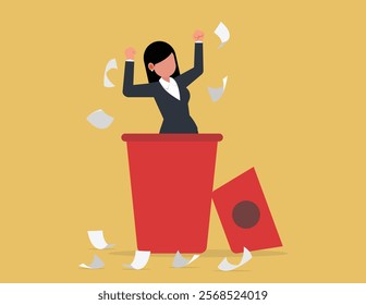 Positive vibe victory, freedom concept. Businesswoman emerges from a trash can