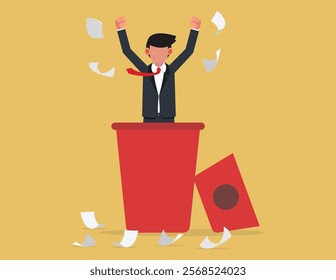 Positive vibe victory, freedom concept. Businessman emerges from a trash can