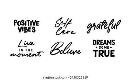 Vibraciones positivas y citas inspiradoras. Frases de motivación para camisetas o decoración. Diseño inspirador de letras.