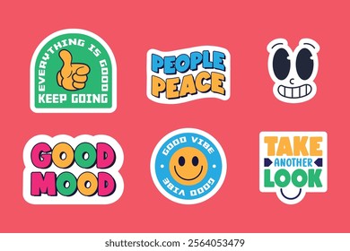 Positive Vibes Motivational Stickers Pack. Vintage Retro Style Design Templates